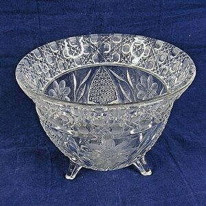 Vintage US Glass EAPG Footed Bowl Floral Etched Innovation Antique 7.5" x 6.5"